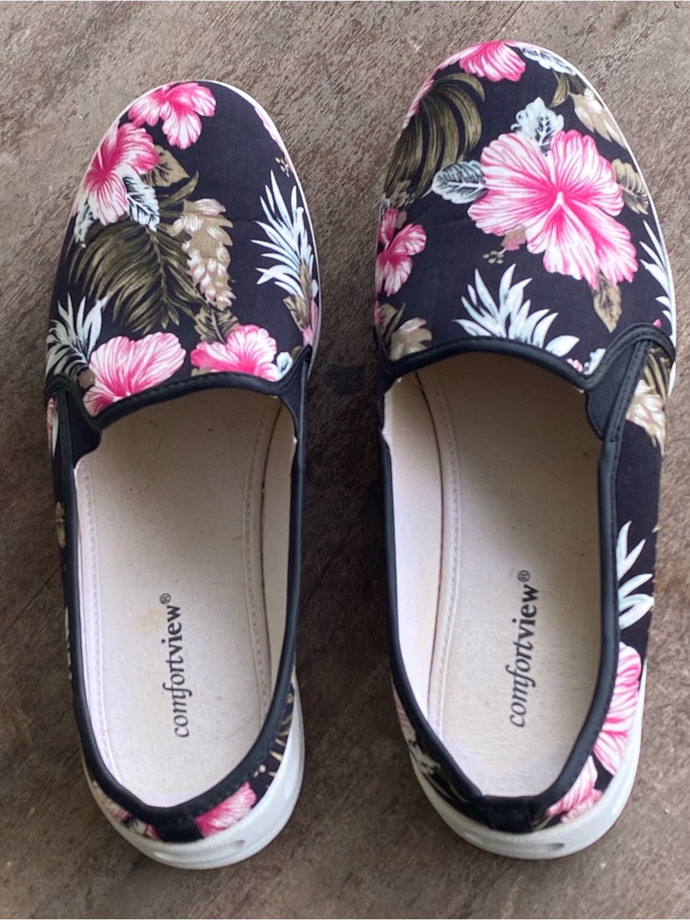 comfortview Black Slip-On Sneakers/Mules Pink Floral Print size 11WW worn once